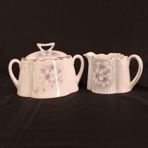 Vintage Z. S. & Co Bavaria Hand Painted Blue Floral Gold Gilt Sugar & Creamer